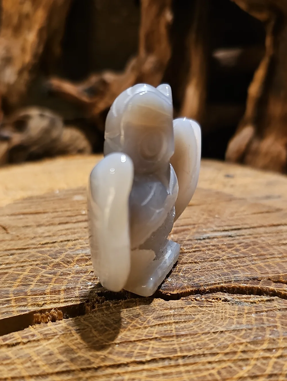 Carved Agate Owl Figurine - Gray and Cream Druzy Center